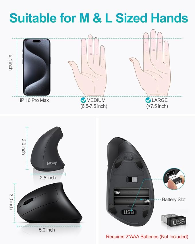 Lekvey Left Handed Ergonomic Mouse, Vertical Wireless Mouse for Left Hand, 2.4G USB Carpal Tunnel Lefty Mouse, 3 Adjustable DPI, 6 Buttons, for Laptop, PC, Computer, Mac, Windows, Desktop - Black