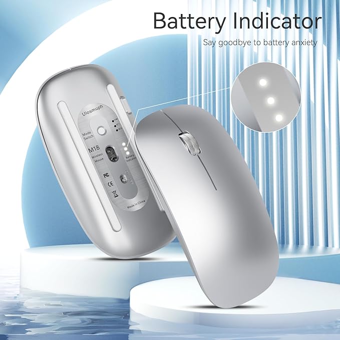 TENMOS M18 Bluetooth Mouse, USB C Rechargeable Wireless Mouse, Triple Mode (Dual Bluetooth+USB) Computer Silent Mice Portable with USB Receiver and Type C Adapter for Laptop/MacBook/iPad/PC - Silver