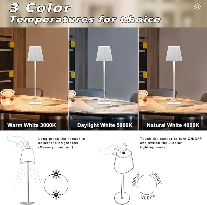 Kakanuo Cordless Table Lamps Pack of 4, Portable LED Battery Operated Lamp, Wireless Rechargeable Lamp, 3 Color Stepless Table Lamp for Restaurant, Bar, Party, Camping and Bedroom - White