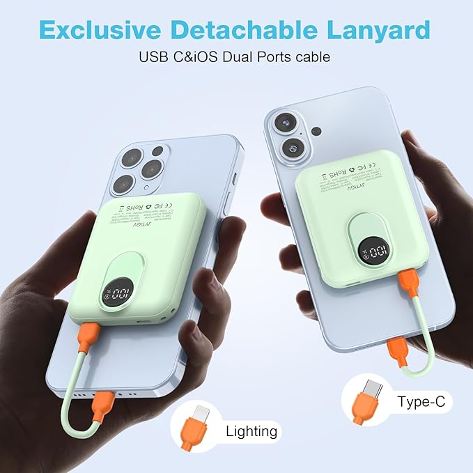 Small Magnetic Power Bank,5000mAh Mag-safe Battery Pack with 20W Fast Charging Detachable USB C&iOS cable,with LED Display,Slim Wireless Portable Charger for iPhone16/15/14/13/12 Series (Green)