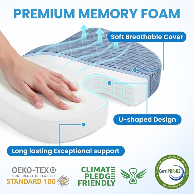 TushGuard Office/Car Seat Cushion, Non-Slip Sciatica & Back Coccyx Tailbone Pain Relief Chair Pad, Memory Foam Butt Pillow for Computer Desk, Wheelchair, Driving (Light Blue)