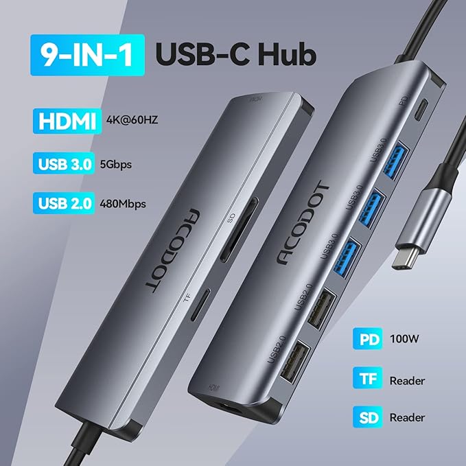 USB C Hub, Acodot 9 in 1 USB C to 4K@60HZ HDMI Multiport Adapter, 3 USB 3.0 Ports, SD/TF Card Reader, 100W PD, Desigend for MacBook Pro Air HP XPS and Other Type C Devices