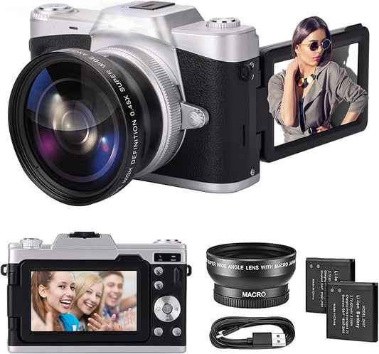 Digital Camera with 3'' Flip Screen 16X Digital Zoom Compact Point and Shoot Camera for Kids, Beginners, 4K Vlogging Camera with 2 Batteries