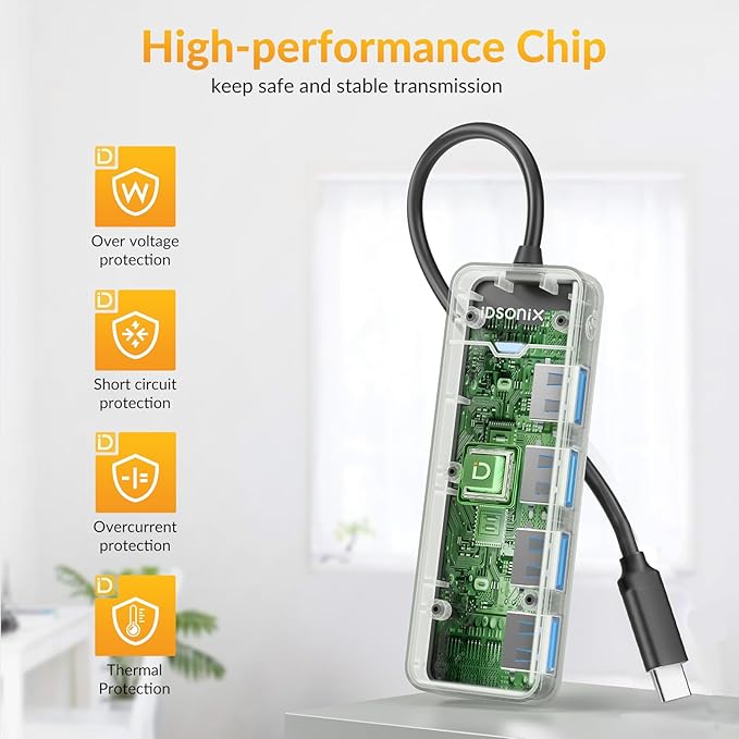 iDsonix USB 3.0 Hub USB C Splitter 5Gbps Data Transfer Ultra-Slim Extender for Desktop, Laptop, Xbox, Flash Drive, HDD, Console, Printer, PC, Keyboards, Mouse [Charging Not Supported] (0.5ft Cable)