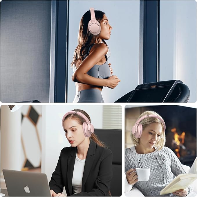 ZIHNIC Active Noise Cancelling Headphones, 60H Playtime Wireless Bluetooth Headset Low Latency-Pink