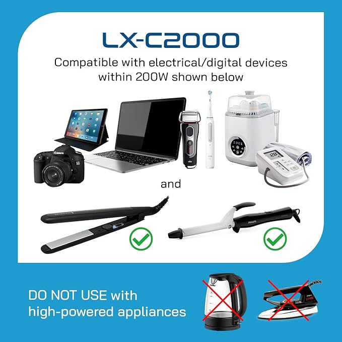 Ceptics 2000W Travel Voltage Converter for Hair Dryer & 200W Convert 220V to 110V for Curling Iron, Straightener, Chargers, Step Down World Power 4 USB Charging QC 3.0 SWadApt Type A, B, C, E/F, G, I