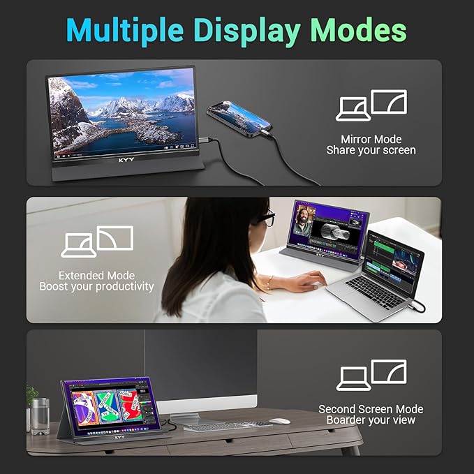 KYY Portable Monitor 15.6'' FHD 1080P USB C HDMI Gaming Monitor Ultra-Slim IPS Display w/Smart Cover & Speakers, Plug&Play, External Monitor for Laptop PC Phone Mac Xbox PS4