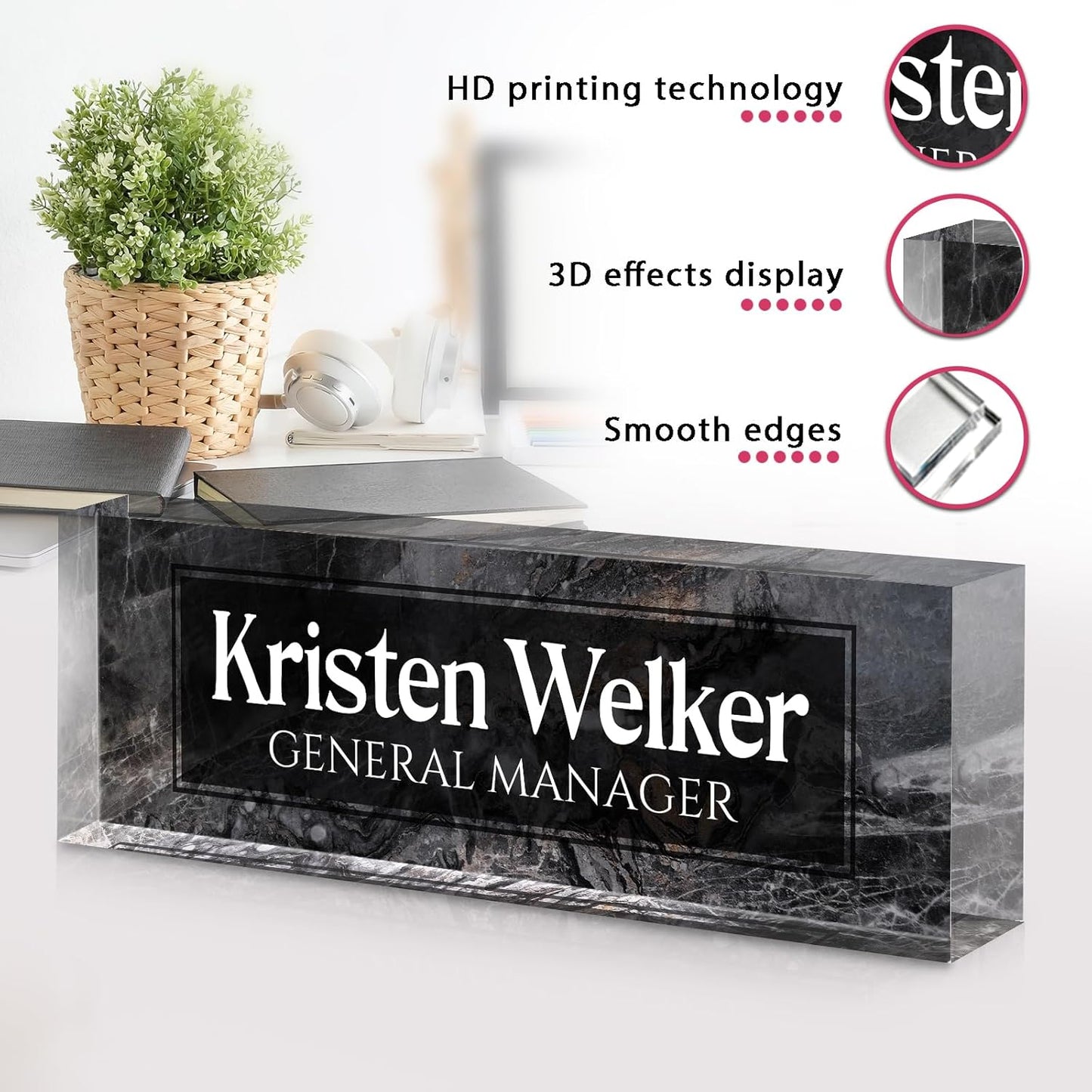 Personalized Name Plate for Desk - Custom Engraved Name Plates for Man - Boss Day Gifts for Boss - Acrylic Office Decor Appreciation Gifts for Teacher Nurse Coworker Social Worker (Gray/Black)