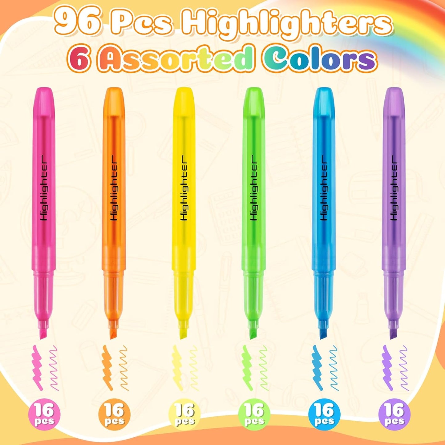 GORWARE 96 Pcs Highlighters, 6 Assorted Colors, Chisel Tip, Non-Toxic Markers for Highlighting at Home, School, or Office – Perfect for Adults & Kids (96)