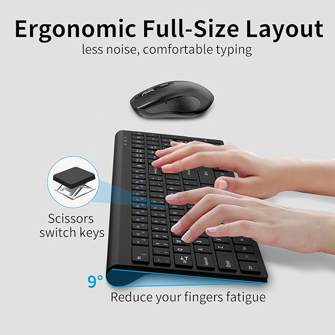 Keyboard and Mouse Wireless, Slim Full Size Keyboard with Calculator Button, Fn Lock, Silent Computer Mouse with Side Button, 2400 DPI, 2.4G USB Cordless Set for Laptop PC Windows Mac -Black