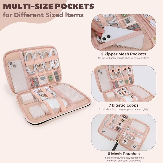 Electronics Organizer Travel Case, Charger Bag Cord Organizer Travel, Compact Tech Pouch Cable Organizer Bag for Charger, Cords, Phone, Headphones, Flash Drive, SD Card (Black, Large-Single Layer)