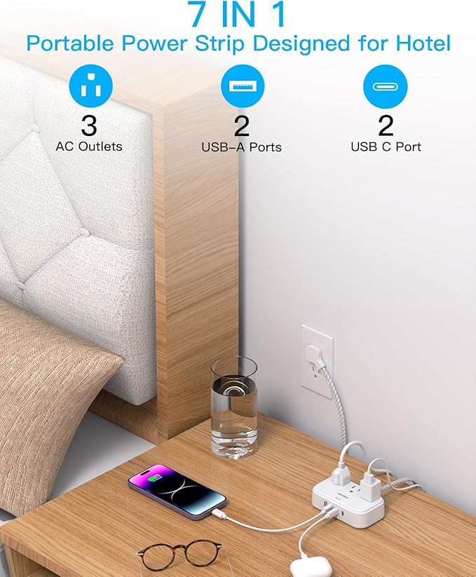 2 Pack Cruise Essentials, 5 Ft Flat Extension Cord, 3 Outlets 4 USB Ports(2 USB C) Flat Plug Power Strip, USB Charging Station with Non Surge Protector for Cruise Ship, Travel, Dorm Room Essentials