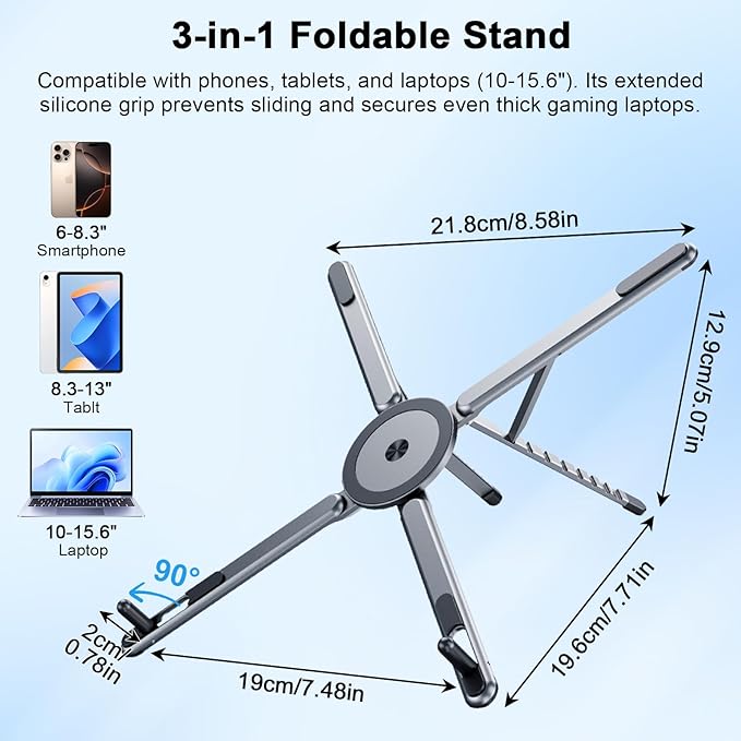 Foldable Laptop Stand for Desk, All-in-One Portable Holder for Laptop, Phone & Tablet with Magnetic Mount - 8-Angle Adjustable Aluminum with Non-Slip Base for 10-15.6" Laptops