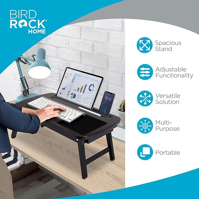 BIRDROCK HOME Curved Wood Lap Tray with Foldout Legs, Storage Drawer, Mouse Pad, Fits Laptops Up to 17", Tablet and Phone Slot, Laptop Table for Sitting or Standing, Work from Home - Walnut