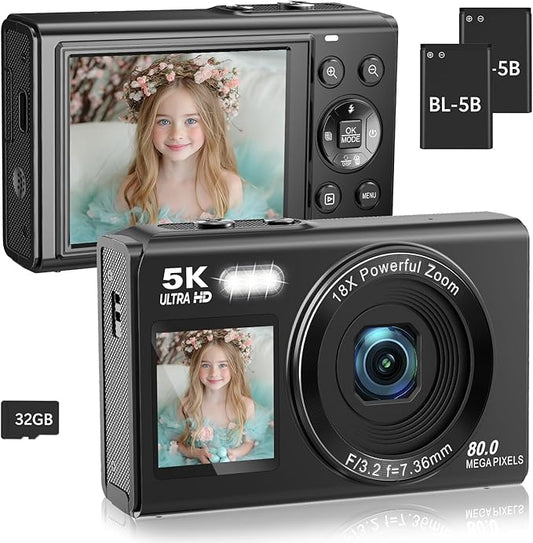 Dual Screen 5K Digital Camera for Vlogging with Fill Light - 80MP, 16X Zoom, WiFi, YouTube/Blogging, Includes 32GB Card & 2 Batteries (X9-Black)