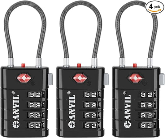 ANVIL 4 Digit Luggage Locks, TSA Locks for Luggage, Advanced TSA008 core, Alert Indicator for Your Travel Lock, Suitcase Lock. (3, Black)