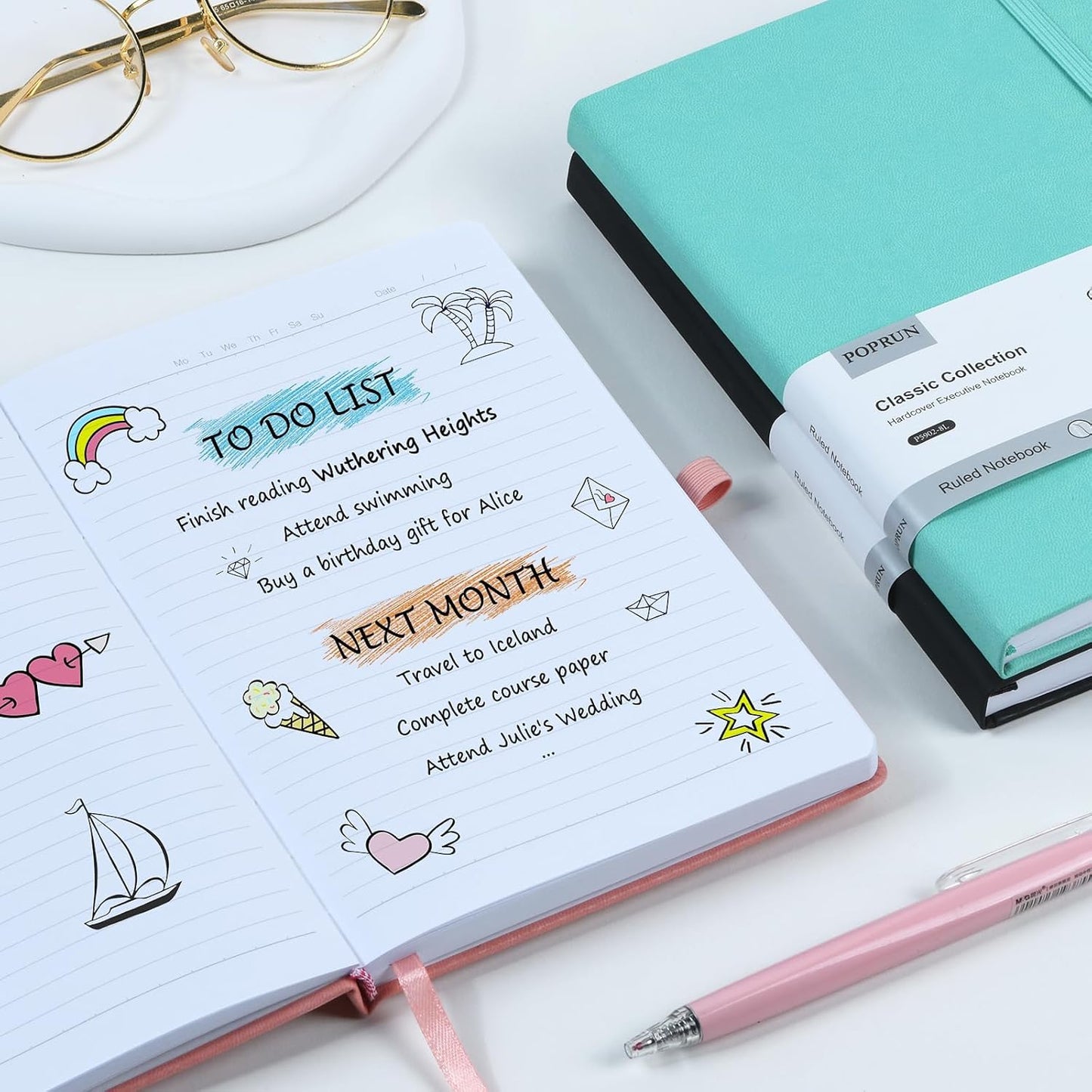 POPRUN A5 Lined Journal Notebooks, Leather Hardcover Thick Notebook for Writing, Business Work, Travel, School, College, Christmas, 5.5 x 8.3 inch, 240 Pages Classic Ruled Journals Notepad, Turquoise