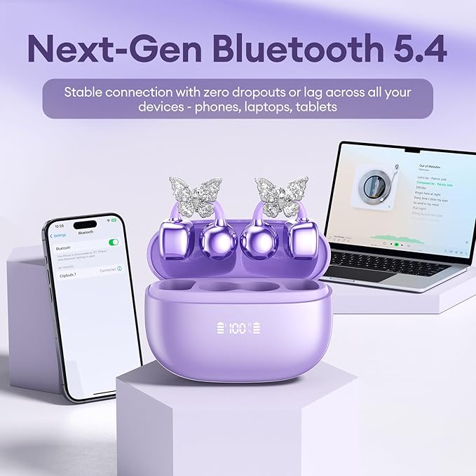 PAXA Bling Open Ear Clip On Earbuds with LED Display & Crystal Butterfly Earrings, Comfort Bluetooth 5.4 Wireless Ear Buds 50H Playtime for Women Girl Work, Fitness, Daily Wear, Gift, Purple