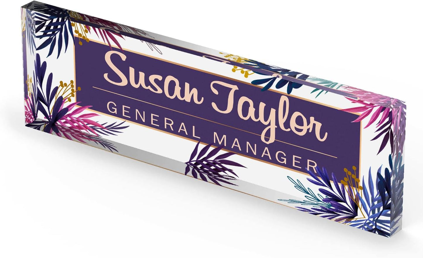 Artblox Personalized Office Desk Name Plate and Business Card Holder | Clear Acrylic Glass with Teak Wood Stand | Purple Leaf Design Customized with Your Name and Credentials Office Desk Decor