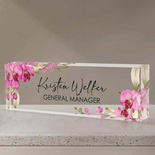 Personalized Name Plate for Desk, Custom Desk Name Plate, Acrylic Name Plate Office Desk Accessories, Personalized Office Gifts for Coworkers Teachers, Employee Appreciation Gifts (A-Butterfly Orchid)
