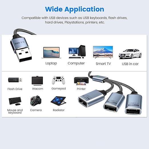 Duttek USB A Splitter 0.8FT/25cm, 1 to 3 USB Extension Cable, Type A Male to 3 Female Cable for Laptop, PC, Charging and 480Mbps Data Transfer