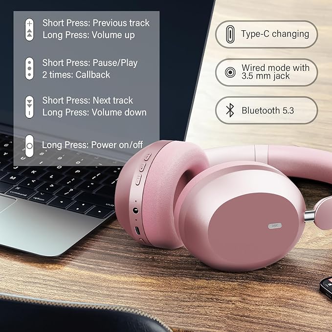 Y05 Bluetooth Headphones Wireless Over Ear with Microphone 48 Hours Playtime, High Sound Quality Foldable Soft Earpads Earphones for Travel - Pink