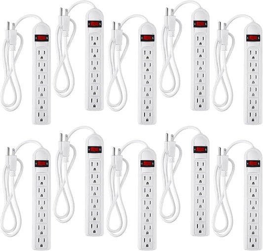 Hoteam 10 Pcs Power Strip Bulk 6 Outlet Surge Protector Power Cord Electrical Extension Cord with Switch Low Profile Plug Flat for Home Office(8.2 ft,White)