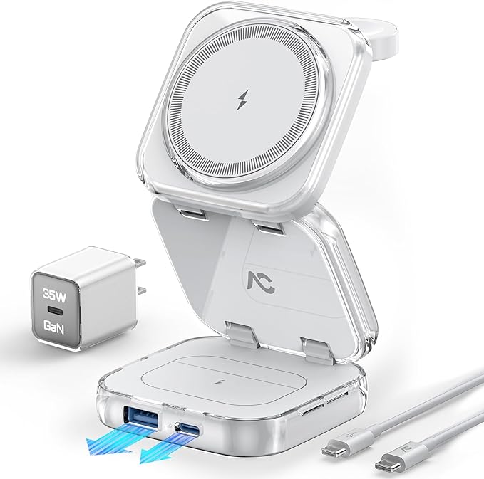 5-in-1 Wireless Charger for MagSafe, AC ISLAND Portable Travel Charging Station, 15W Max Fast Foldable Magnetic Stand, Evolved for iPhone 17/16/15/14/13 Series, Apple Watch, AirPods (with 35W Adapter)