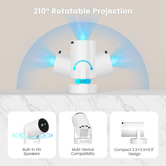 Mini Projector with WiFi and Bluetooth, Portable Projector Support Soundbase Speaker, 170 ANSI, Auto Vertical Keystone 180°Rotatable Portable Proyector for Home Bedroom Outdoor, HY300 ULTRA