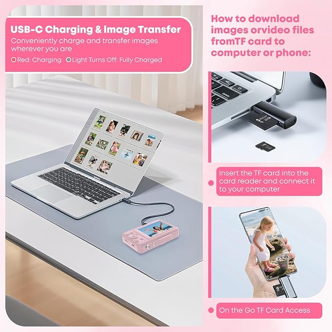 Digital Camera, Autofocus 4K Vlogging Camera for Photography with 64GB Card, Full HD 4K Point and Shoot Camera Portable Compact and Shoot Digital Camera for 16X Zoom, Anti-Shake, for Beginners, Pink