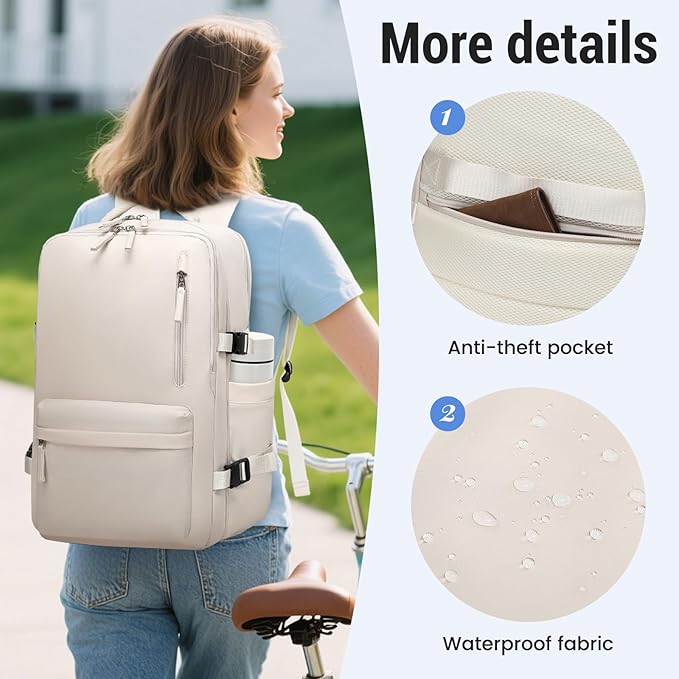 Travel Backpack Women Men, Carry On Backpack with USB Charging Port & Shoe Pouch,TSA 17.3inch Laptop Mochila Flight Approved,Nurse Bag Casual Daypack for Weekender Business Hiking,Gift (Beige)