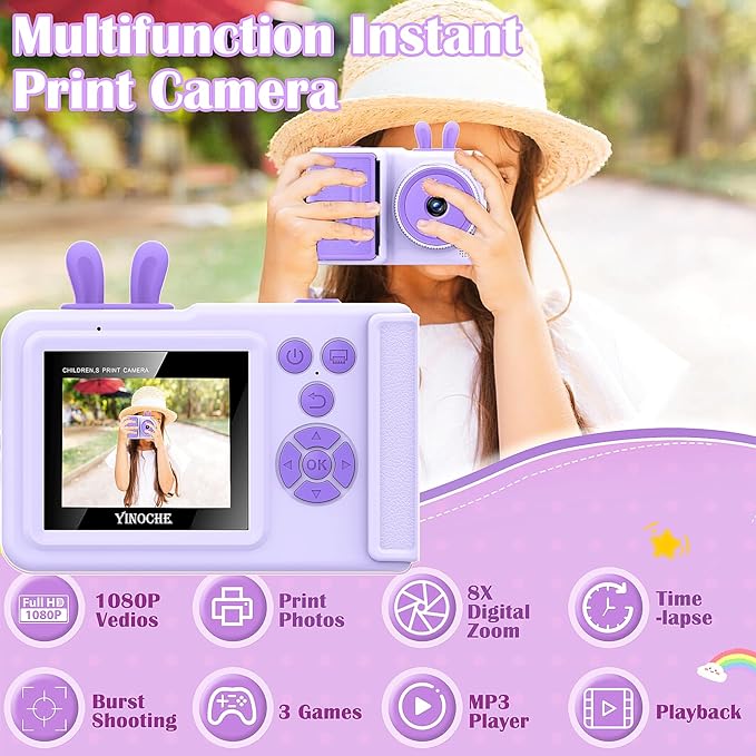 Kids Camera Instant Print,1080P Instant Camera Toddler Camera for Kids That Print Photos, Christmas Birthday Gifts for Girls, Digital Camera Toy for 3 4 5 6 7 8 9 10 Year Old Boys SD Card (Purple)