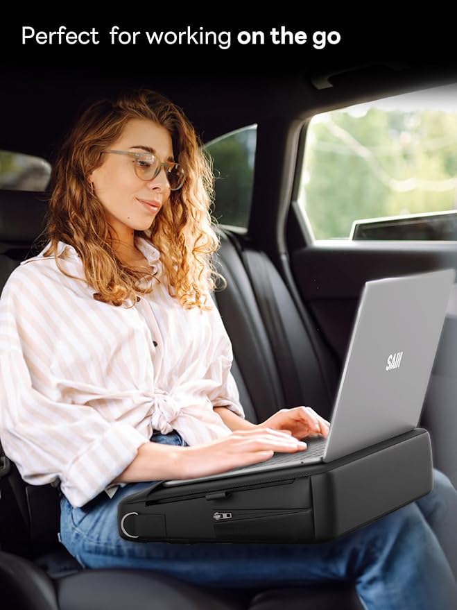 SAIJI Portable Laptop Lap Desk w/Retractable Mouse Pad Tray - Multifunction Lap Desk with Storage for Travel, Office and Home, Fits up to 15.6 inch Laptops (Black)