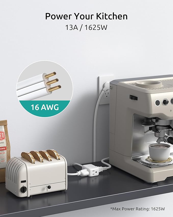 Extension Cord Flat Wall Plug 10ft, ETL Listed, NUTICT Indoor 3 Prong Long Cord Extension, 900J Surge Protector, 13A/1625W, Ultra-Thin Low Profile Left Angle Flat Plug, Behind Bed Sofa Dresser, White