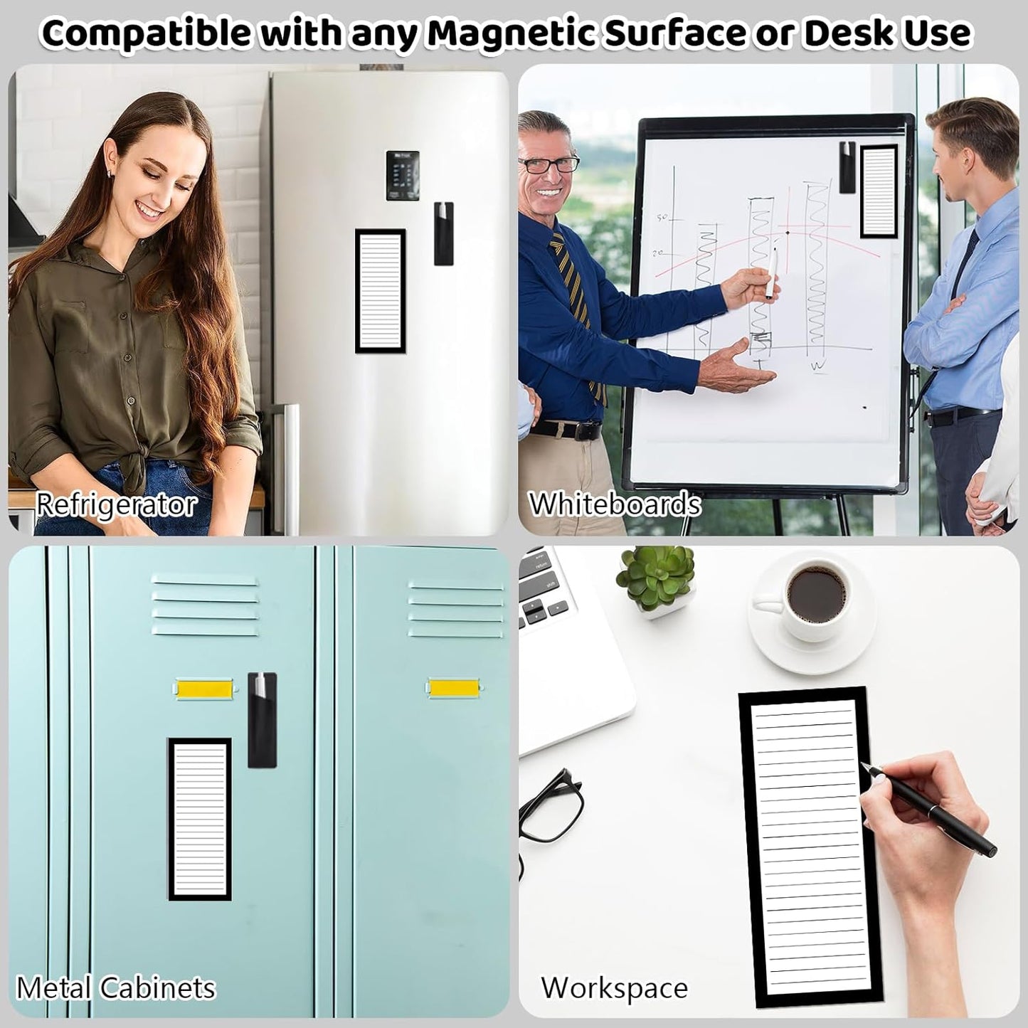4 Pack Magnetic Note Pad for Fridge with Pen Holder, Totally 200 Sheets Magnetic To Do List, Shopping List, Grocery List, Memo Pads for Refrigerator（Black Border）