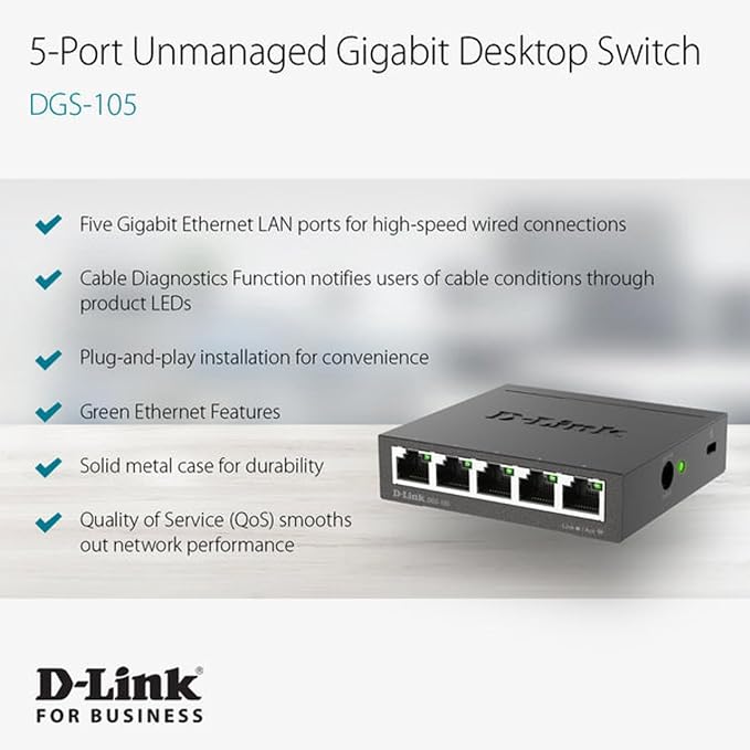 D-Link Ethernet Switch, 5 Port Gigabit Unmanaged Metal Desktop Plug and Play Compact (DGS-105),Black