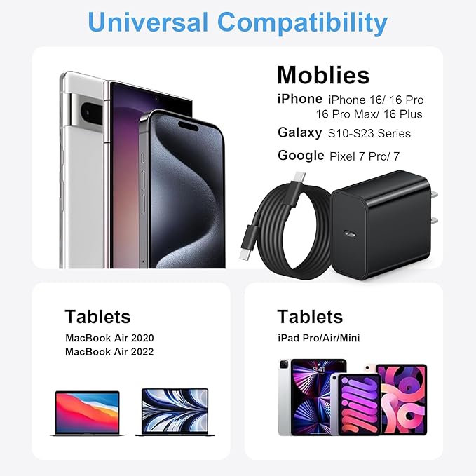 iPhone 17 Charger Fast Charging 20W USB C Charger Block & 10FT Fast Charging Cable Compatible with iPhone 17/17 Air/17 Pro/17 Pro Max/16/15 Series/iPad Pro and More-Black