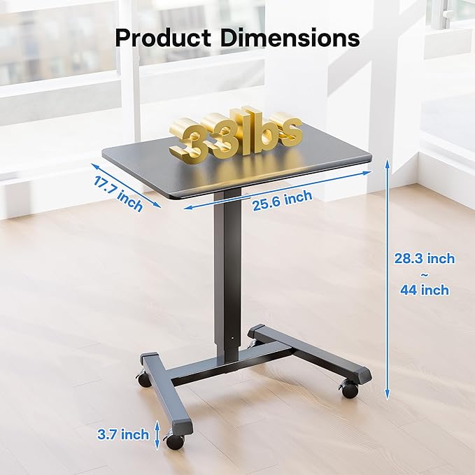 BONTEC Mobile Standing Desk Adjustable Height, Rolling Laptop Cart with Hook, Portable Workstation with Pneumatic Lift, Ergonomic Table with Wheels, Compact Home Office Desk, Black 25.6" x 17.7"