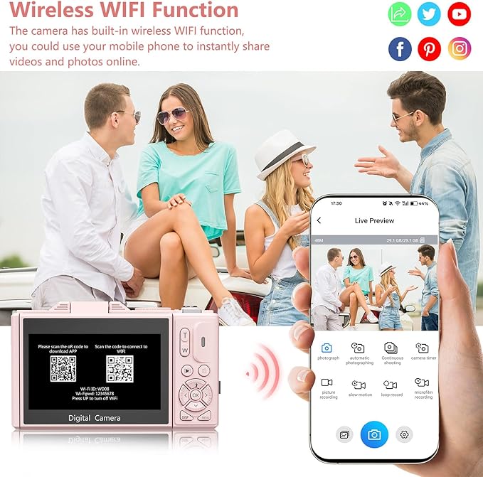 Digital Camera for Photography, 4K Vlogging Camera for YouTube 3" 180° Flip Screen 18X Digital Zoom Compact Cameras with 32GB TF Card & 2 Batteries, Pink