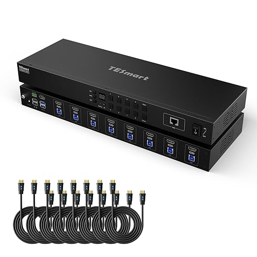 TESmart USB 3.0 HDMI KVM Switch 8 Port 4K@60Hz, 8X1 Rackmount KVM Enterprise-Grade EDID Emulator | Hotkey Switch | RS232 | LAN Port | IR Remote | IP Control | Auto Scan | with 8 Pcs 5ft KVM Cable