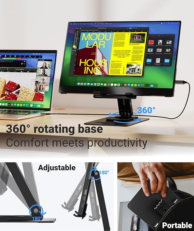 Portable Monitor, Ultra Slim 15.6 Inch FHD IPS Laptop Screen Extender with Adjustable Stand, USB C Compatible, Ideal for Travel and Office