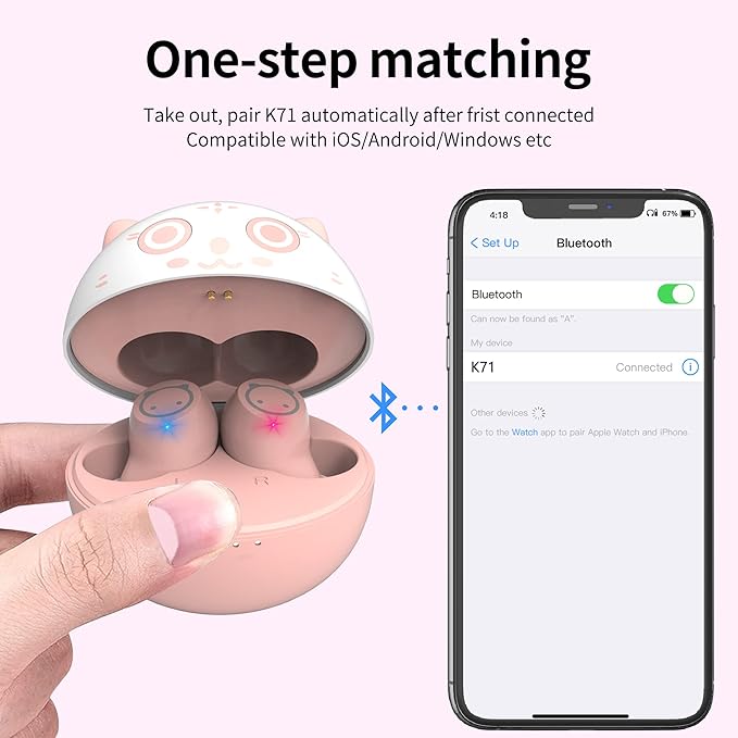 Pink Bluetooth Earbuds,Cute Cat Wireless Headphones for Girls Kids Women 36H Play Time IPX6 Waterproof Ear budsLED Display HiFi 3D Stereo Earphones for Sport Workout Travel