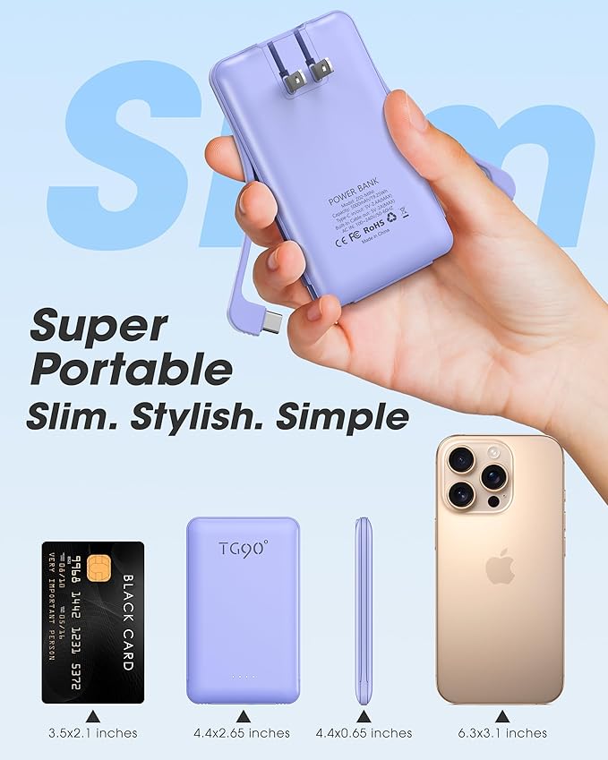 TG90° Portable Phone Charger Ultra Mini Power Bank with Built-in Foldable AC Wall Plug and Cables,5000mAh External Battery Pack Compatible with iPhone and Android Smart Devices