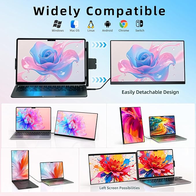 Laptop Screen Extender Dual Monitor - 15.6" Portable Monitor Detachable IPS 1080P FHD 85% NTSC Travel Screen USB-C HDMI Port Compatible with Wins Mac Chrome Dex Fits 13-17" Laptops
