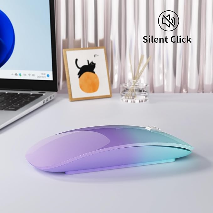 TENMOS M18 Bluetooth Mouse, USB C Rechargeable Wireless Mouse, Triple Mode (Dual Bluetooth+USB) Silent Mice Portable with USB Receiver and Type C Adapter for Laptop/MacBook/iPad - Green and Purple