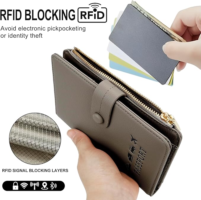 DOB SECHS Passport Holder Wallet for Women, Leather RFID Blocking Passport Cover Credit Cards Case Women Travel Accessories Organizer Pouch Bag with ID Window+Zippered Cash Pocket+SIM Slots, Grey