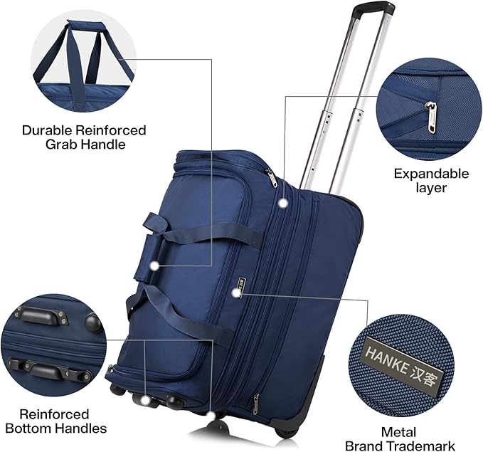 Hanke Large Expandable checked Luggage Suitcases with Wheels Foldable Duffle Bag for Travel suitcase for Women Men Garment Bag（Blue）