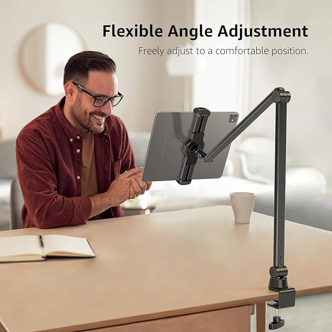 BEWISER Tablet Stand Holder Desk Mount,360°Rotating Flexibly, Angle Adjustable Long Arm, Folding Aluminium Alloy Compatible with4.7-13" Phone or Tablet in Kitchen/Office(Black)