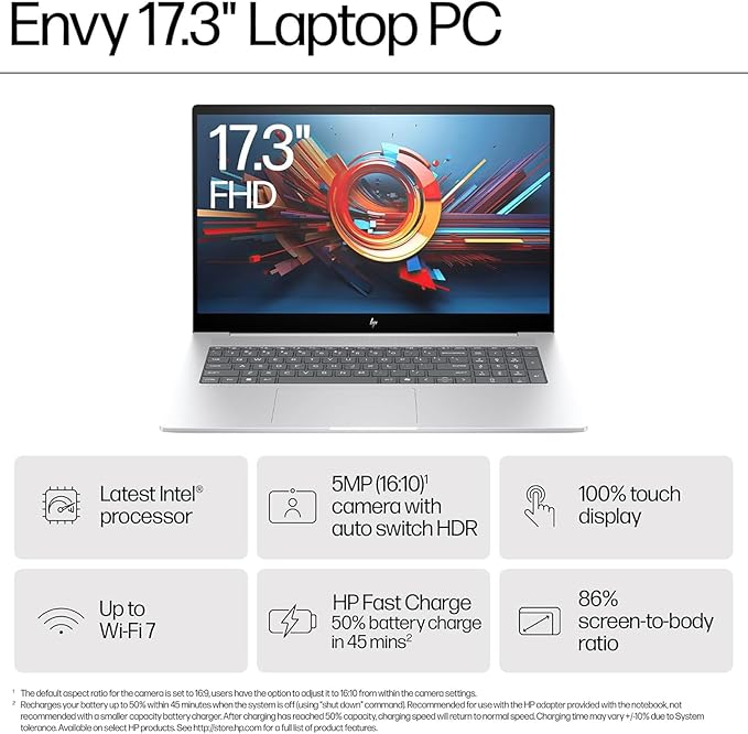 HP Envy 17.3" Business Laptop, FHD Touchscreen, Intel Core Ultra 7 155U, Lightweight, HDMI, Thunderbolt 4, IR Camera, Wi-Fi 7, Windows 11 Pro, 16GB DDR5 RAM, 1TB SSD