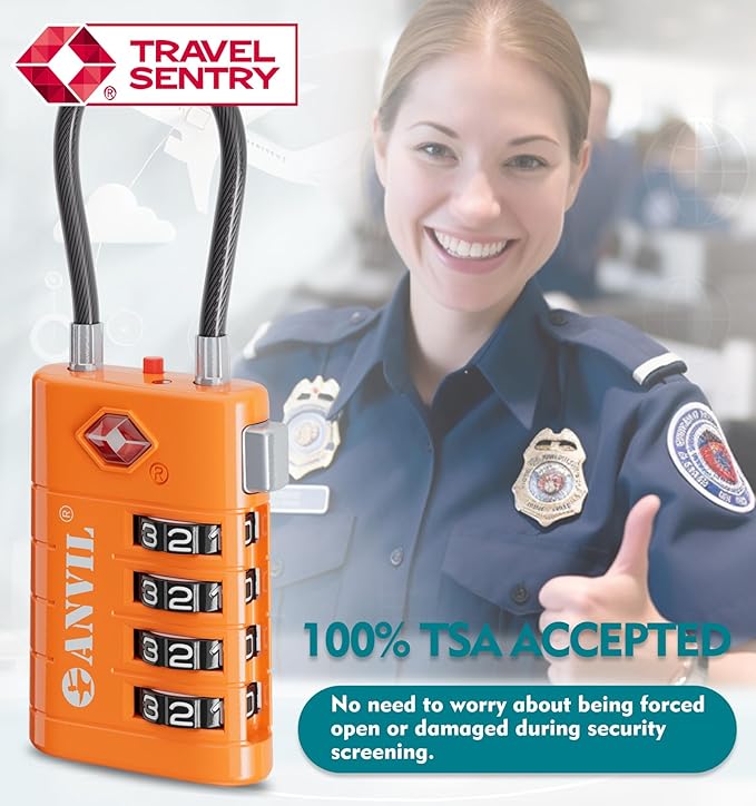 ANVIL TSA Approved Luggage Locks, 4 Digit Combination Travel Suitcase Locks with TSA008 Core and Open Alert Indicator, Zinc Alloy Body. (4, Orange)
